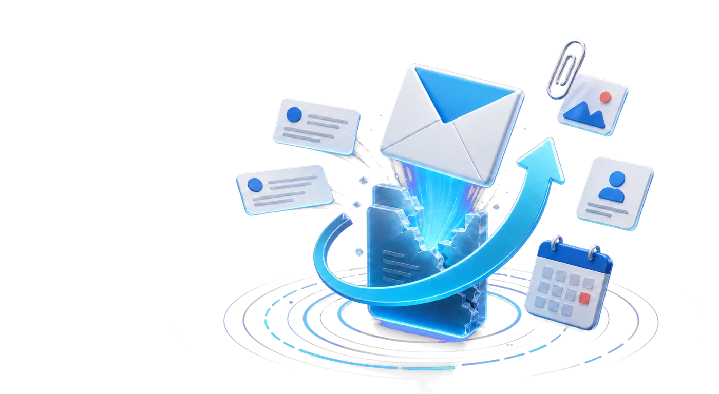 Illustration of deleted Outlook emails, attachments, contacts, and calendars being recovered from a damaged data file