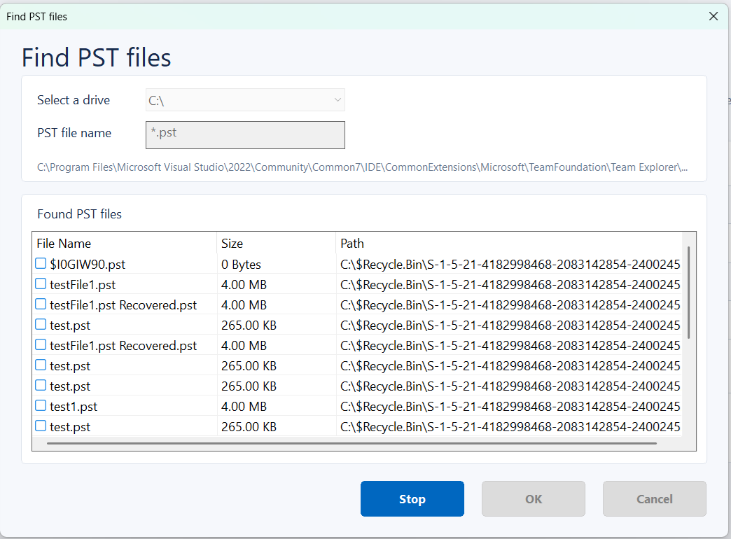 Amrev Find PST files window scanning a selected drive and listing discovered PST files with their sizes and paths