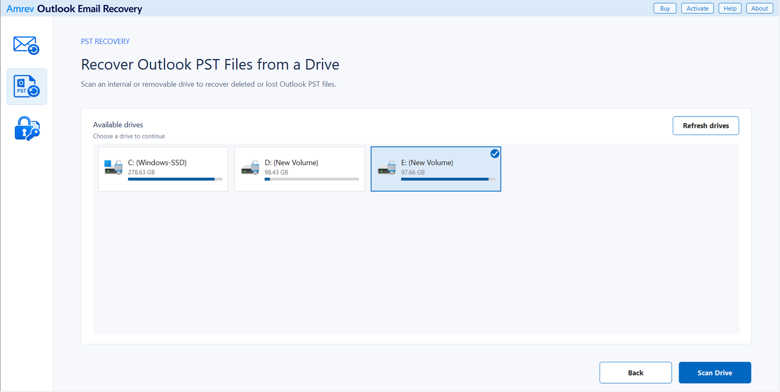 Selecting an internal or removable drive in Amrev PST Recovery to search for deleted Outlook Data Files