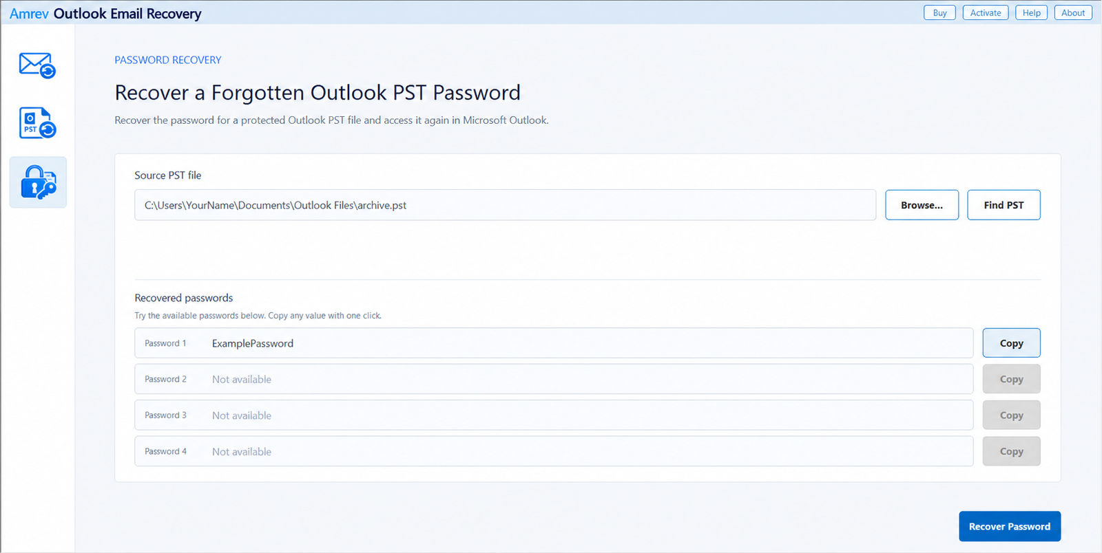 Example recovered PST password displayed with a Copy button in Amrev Outlook Email Recovery