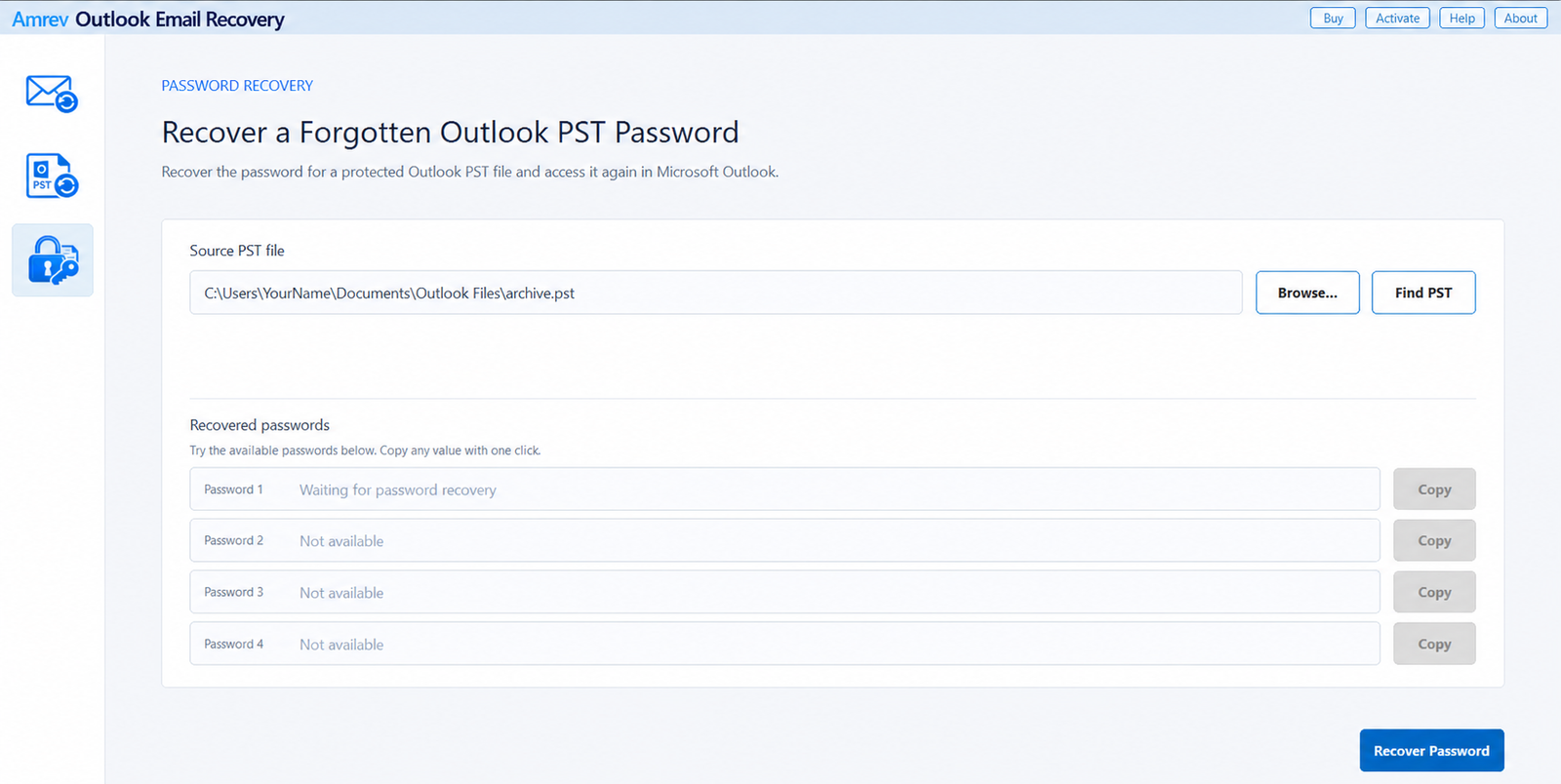 Selecting a password-protected Outlook Data File in Amrev Password Recovery