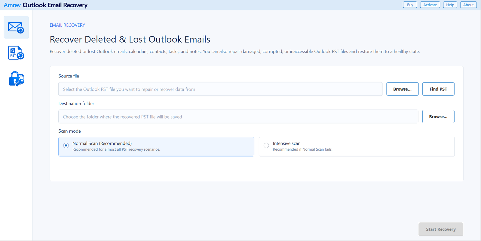 Amrev Outlook Email Recovery source file and scan mode screen